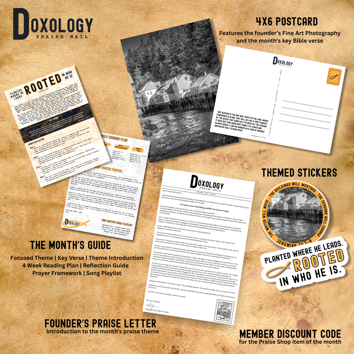 A flat-lay product presentation of the Doxology Praise Mail on a textured tan background. The kit includes a 4x6 postcard, a monthly guide, a founder's praise letter, themed stickers, and a member discount code, all arranged neatly with descriptive text labels.